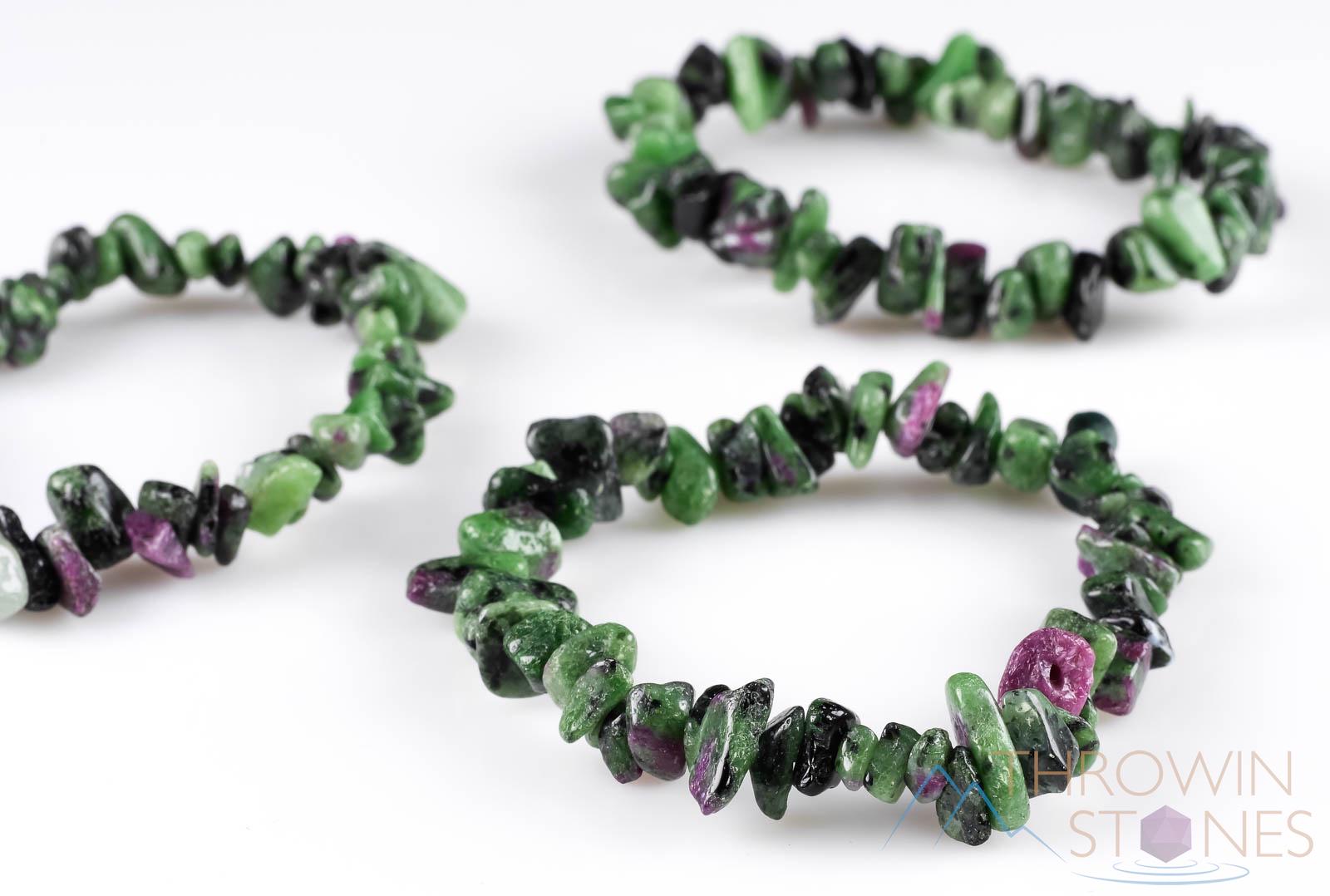 RUBY ZOISITE Chip Bead Bracelet  :  Genuine Red, Green Crystal Handmade Elastic Boho Jewelry, E0644