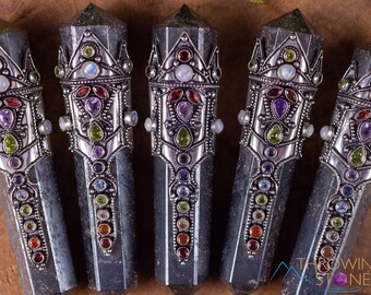 HEMATITE Crystal Wand with Rainbow CHAKRA Gemstones - Double Terminated, Crystal Healing, Polished Magic Wand, E2090