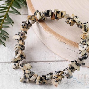 DALMATIAN JASPER Chip Bead Bracelet  :  Genuine Spot Pattern Crystal Handmade Elastic Boho Jewelry, E0831