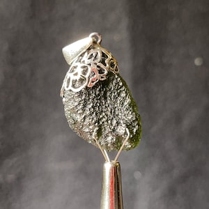 Raw MOLDAVITE Pendant - Sterling Silver, Leaf Bail - Moldavite Necklace Pendant, Genuine Moldavite Jewelry, 44582