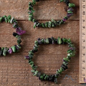 Handcrafted Genuine Ruby Zoisite chip bracelet. These green and red tumbled chips are drilled and strung on beading cord to create an endless bracelet. Each crystal bracelet is unique in shape and color and has a wrist circumference of about 6 inches
