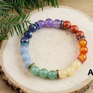 7 CHAKRA Crystal Bracelet  :  8mm Round Rainbow Gemstone Beads, Multicolored Stone Jewelry Gift, E1354