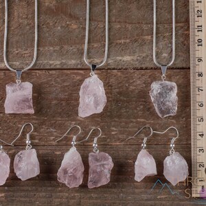 ROSENKVARTS Halsband Örhängen Set - Rå Sten Handgjorda Smycken, Naturliga Läkande Kristaller, E0553 bild 10