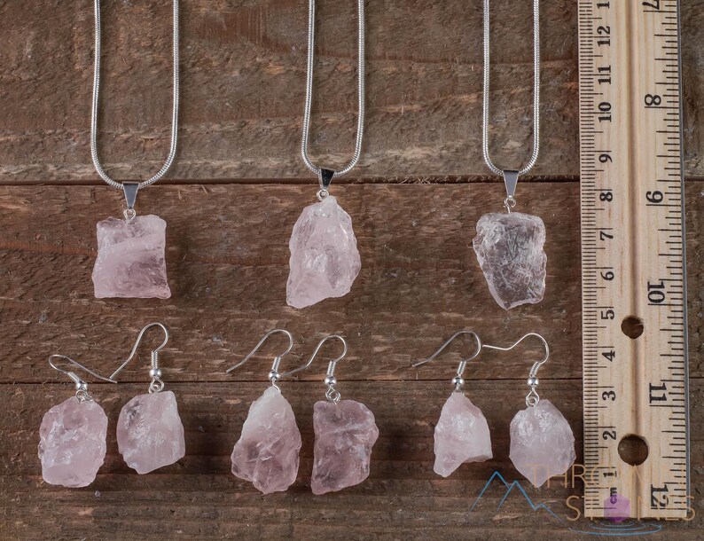ROSENKVARTS Halsband Örhängen Set - Rå Sten Handgjorda Smycken, Naturliga Läkande Kristaller, E0553 bild 10