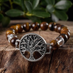 TIGERS EYE and Clear QUARTZ Crystal Bracelet - Tree of Life, Round - Charm Bracelet, Metaphysical Crystals, Handmade Jewelry, E0614
