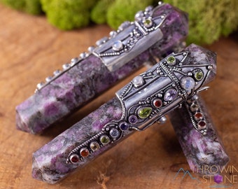 RUBY Crystal Wand with Rainbow CHAKRA Gemstones - Double Terminated, Crystal Healing, Polished Magic Wand, E2091