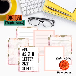 6-PC Pastel Floral Printable Writing Paper, Stationery, Digital Paper, US Letter, Journal Paper, Lined Paper, lined, Unlined Pink roses