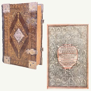 May include: An antique Holy Bible with a brown leather cover, gold accents, and metal clasps. The cover features a diamond-shaped design. The open page displays the title page with text and illustrations. The book is a historical religious item.