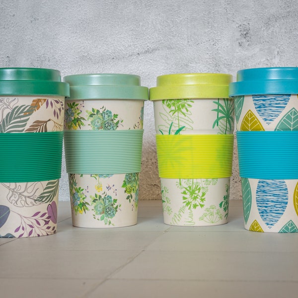 Floral Leaf Pattern Bamboo Eco Travel Mugs, Travel Mug / Herbruikbare Cup