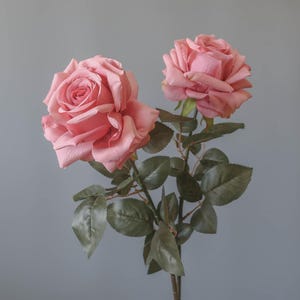 May include: A stem featuring two artificial roses in a dusty pink hue. The larger bloom is positioned on the left, while a smaller bud sits to the right. The stem includes several dark green leaves with visible veins and a textured, realistic appearance.