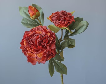 Orange Russet Dried Look Large Peony with 2 Buds | Realistic Autumn Artificial Flowers