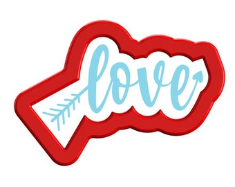 May include: Red plastic cookie cutter shaped like an arrow with the word "love" inside.