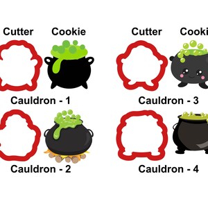 May include: Four red cookie cutters shaped like cauldrons with different designs. The first cauldron is empty, the second has a green liquid and flames, the third has a green liquid and a cute face, and the fourth has a green liquid and legs.