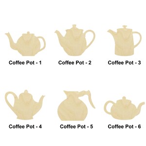May include: Six wooden coffee pot shapes, each with a different design. The coffee pots are all unpainted and ready to be decorated.