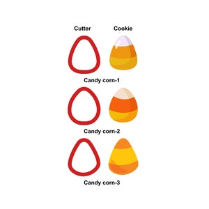 Peut inclure: Trois emporte-pièces rouges en forme de maïs en sucre, avec trois biscuits en forme de maïs en sucre à côté. Les biscuits en forme de maïs en sucre sont jaunes, orange et blancs.