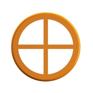 May include: Two circular shapes, one with a brown outline and a white interior divided into four quadrants by a cross, and the other a solid brown circle divided into four quadrants by a white cross.