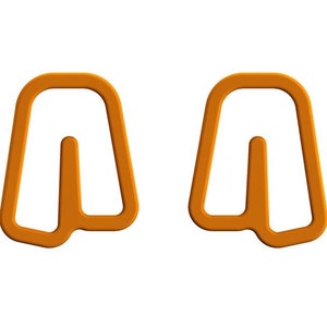 May include: Two orange outline illustrations of pants. The pants are simple and have a straight leg.
