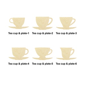 Tasse à thé et assiette, tasse à café et plat, soucoupe et plat - Plusieurs tailles - Découpe au laser Formes de découpe de bois non finies | Cadeau de décoration de la maison
