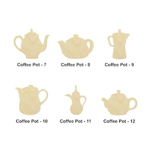 May include: Six wooden coffee pot shapes, each with a different design. The coffee pots are all unpainted and ready to be decorated.