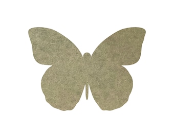 May include: A cutout of a butterfly in a muted green colour. The butterfly is symmetrical and has a textured surface.