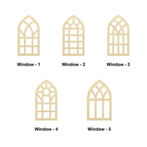 May include: Five different wooden window cutouts with arched tops. The cutouts are all the same size and shape, but have different patterns of panes. The cutouts are labelled "Window - 1" through "Window - 5".