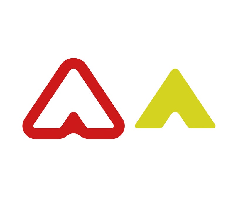 May include: Two triangle shapes, one red and one yellow. The red triangle is larger and has a rounded bottom. The yellow triangle is smaller and has a pointed bottom.