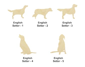 Op de afbeelding: Vijf silhouetbeelden van Engelse setters in verschillende poses. De afbeeldingen zijn uit hout gesneden en zijn beige van kleur.