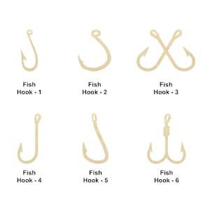May include: Six different types of fish hooks, illustrated in a simple line drawing style. The hooks are labelled with numbers 1 through 6.