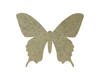 May include: A cutout of a butterfly in a muted green colour. The butterfly is symmetrical and has a textured surface.