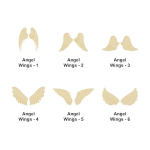 May include: Six different styles of wooden angel wings. The wings are all made of unfinished wood and are ready to be painted or stained.