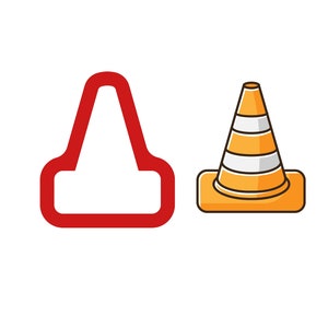 May include: A red outline of a traffic cone and a yellow and white traffic cone with black stripes.