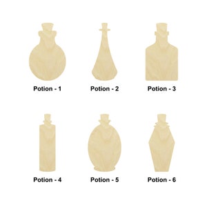 May include: Six different wooden shapes of potion bottles, each with a cork top. The bottles are labeled "Potion - 1" through "Potion - 6".