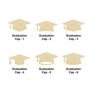 May include: Six wooden graduation caps in various styles. The caps are light brown and have a textured surface. The text "Graduation Cap - 1" through "Graduation Cap - 6" is printed below each cap.