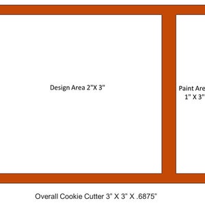 May include: A cookie cutter with an overall size of 3 inches by 3 inches. The design area is 2 inches by 3 inches and there is a 1 inch by 3 inch paint area.