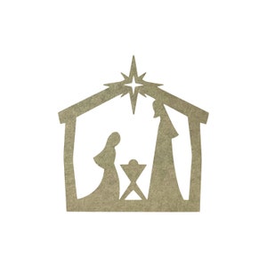 May include: A brown wooden cutout of a nativity scene with a star above the stable. The figures of Mary, Joseph, and the baby Jesus are visible inside the stable.