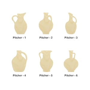 May include: Six wooden pitcher shapes, each with a unique design. The pitchers are all light brown and have a rustic, unfinished look.