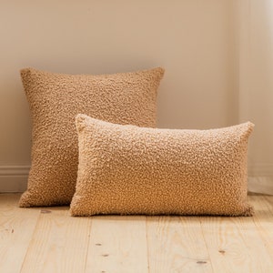 Camel Teddy Boucle Pillow Cover: Handmade Cotton Blend Cushion
