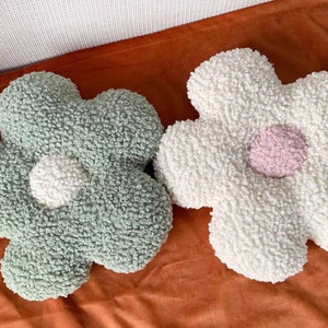 Handmade Teddy Boucle Flower Pillow: Sage Green & Ivory Cushion (11&quot;)