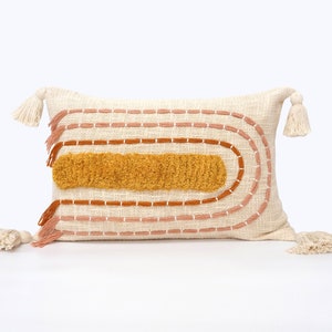 Mustard Blush Rust Hand Tufted, Embroidered, Cotton, Colorful Bohemian Throw Pillow Cover.  Modern Boho Home Décor Accent 14"x20"