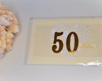 Handgemachte Glückwunschkarte zur Goldenen Hochzeit, Klappkarte mit Herz und Goldene 50, Hochzeitskarte