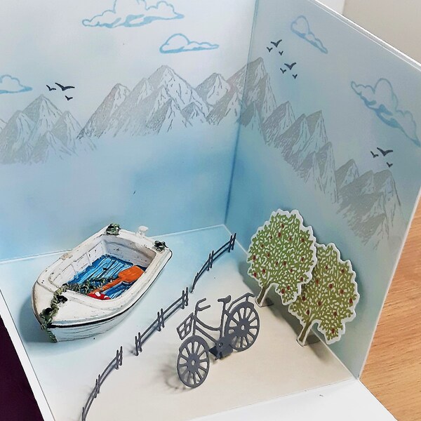 Handgemachte Explosionsbox, Geschenkbox für einen Ausflug/Urlaub  an den See, Fahrradtor, Geldgeschenk zum Geburtstag, personalisiert