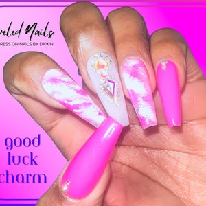 Good Luck Charm | Pink Nails | Marbles Nails | Rhinestone Nails | Valentines Day Nails | Holiday Nails | False Nails | Press On Nails