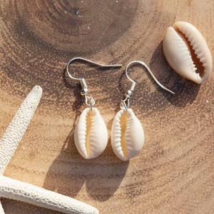 Cowrie shell charm earrings - seashell, beach, surf, ocean, summer, cowry shell, drop earrings, outerbanks