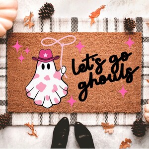 Paillasson fantôme rose | Paillasson d'Halloween | Décoration de porche d'Halloween | Paillasson mignon | Décoration extérieure d'automne | Paillasson d'automne