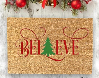 Believe Christmas Welcome Doormat | Holiday Doormat | Winter Doormat | Housewarming Gift | Christmas Front Porch Decor