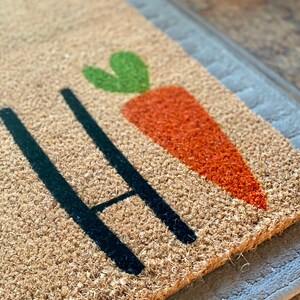 May include: A brown coir doormat with the word "Hi" in black lettering and a green and orange carrot graphic.