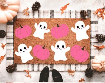 Pink Pumpkins And Ghosts  Halloween Doormat | Halloween Porch Decor | Pink Halloween Doormat | Fall Porch Decor | Cute Doormat