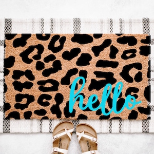 Leopard Print Hello Doormat | Animal Print Doormat | Cute Welcome Mat | Coir Outdoor Doormat | Unique Doormat