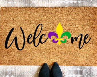 Welcome Fleur De Lis Doormat | Mardi Gras Doormat | Mardi Gras Decor | New Orleans | Housewarming Gift | Outdoor Rug
