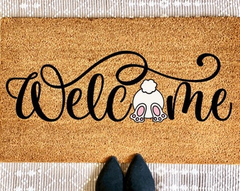 Welcome Bunny Doormat | Easter Doormats | Spring Porch Decor | Spring Welcome Mat | | Easter Bunny Decor | Cute Doormat